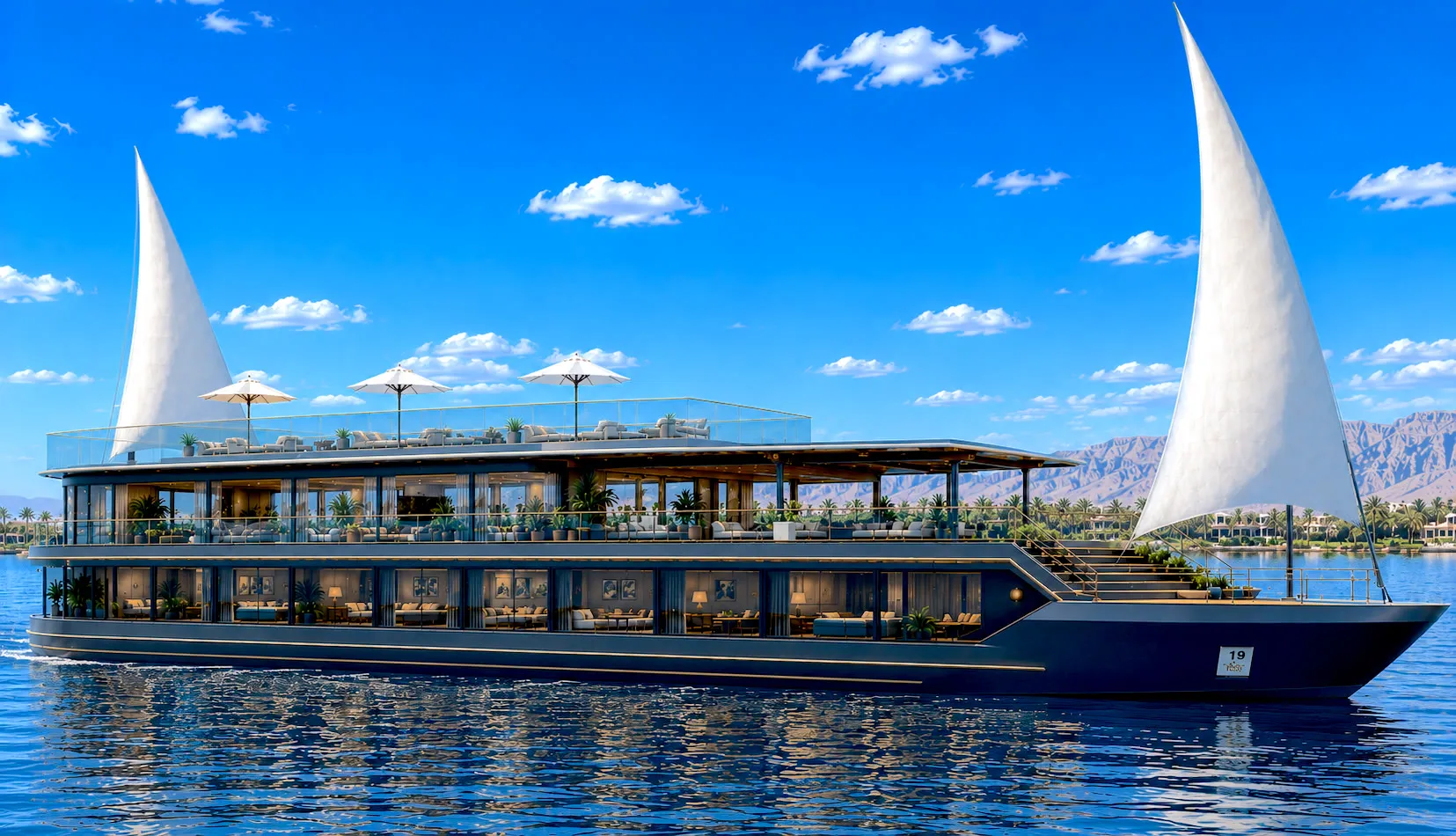 The Nefiria dahabiya under sail on the Nile